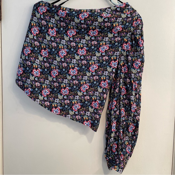 Frame XS Single Sleeve & Shoulder Blue Floral Print Top - Picture 6 of 15